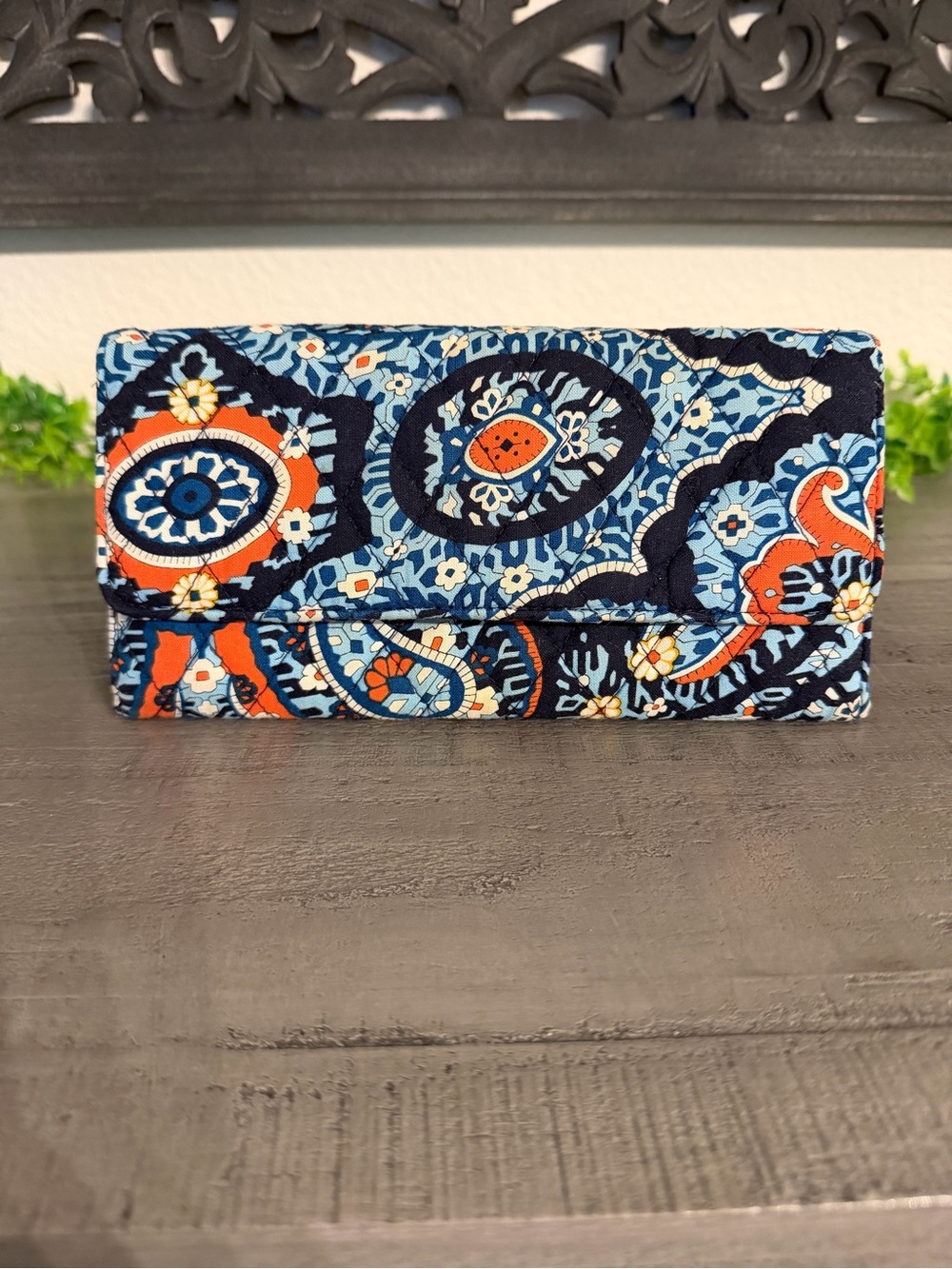 Vera Bradley Quilted Zip Pouch in Navy, Light Blue & Orange